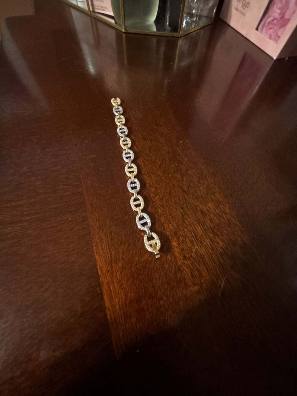 Two-Tone Puff Mariner Link Bracelet with Simulated Diamonds